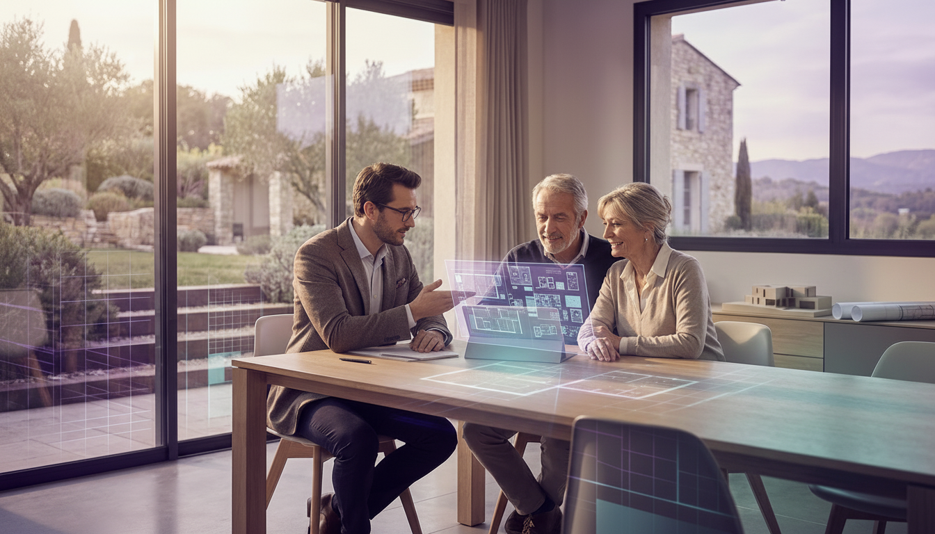 Agent immobilier assis à une table de salle à manger moderne avec un couple de clients seniors, mont