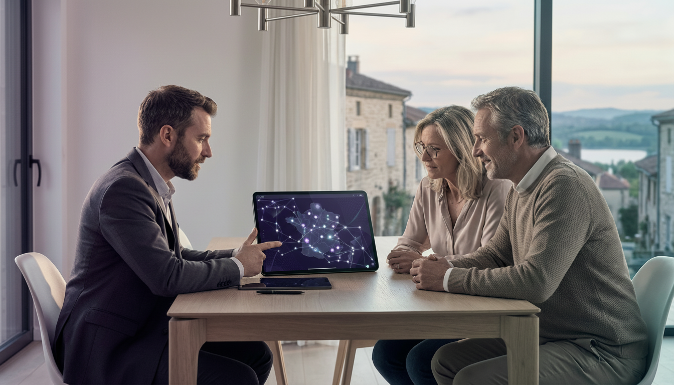 Conseiller immobilier assis à une table de salle à manger moderne avec un couple de propriétaires qu