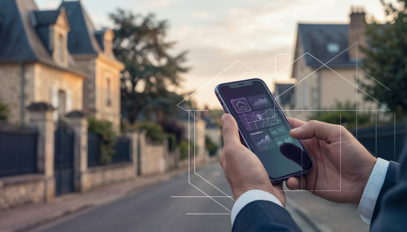 Gros plan sur les mains d'un agent immobilier tenant un smartphone affichant une application de pros