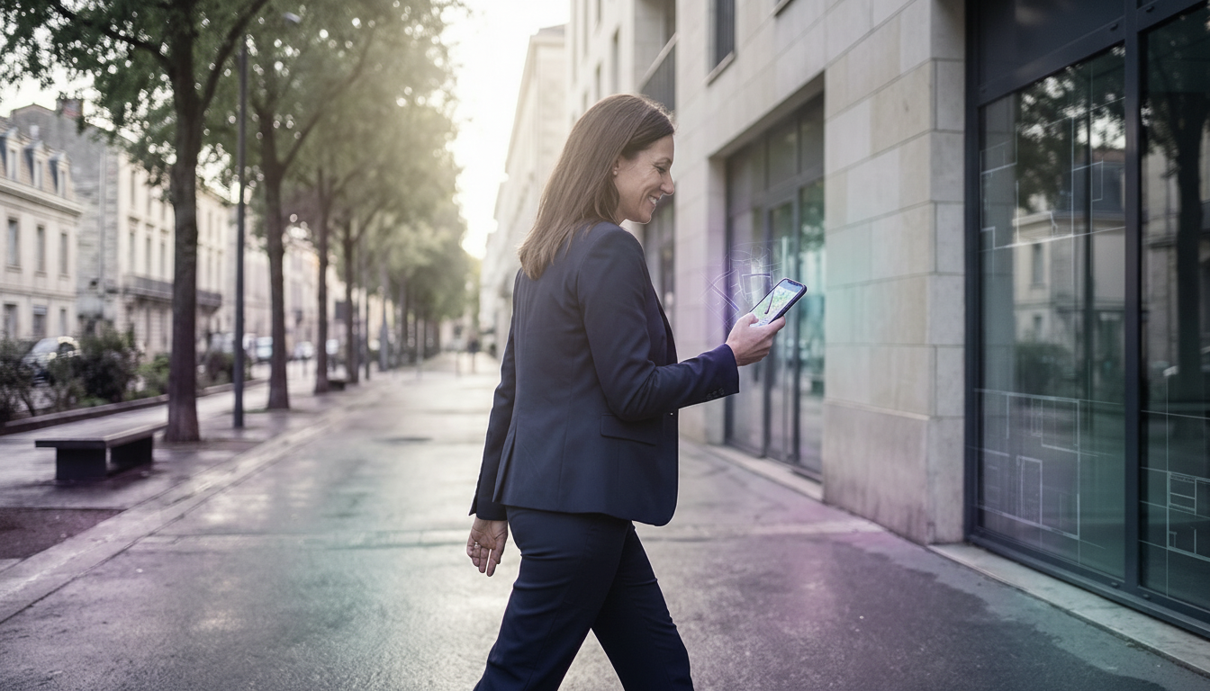Vue latérale dynamique d'une conseillère immobilière marchant d'un pas décidé sur un trottoir large 