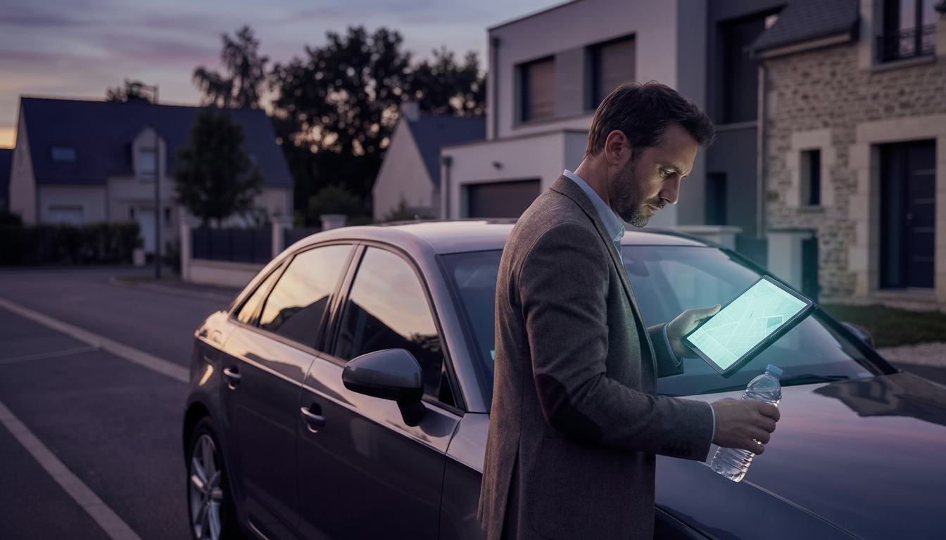 Conseiller immobilier en fin de journée, adossé à sa voiture avec une bouteille d'eau à la main, reg