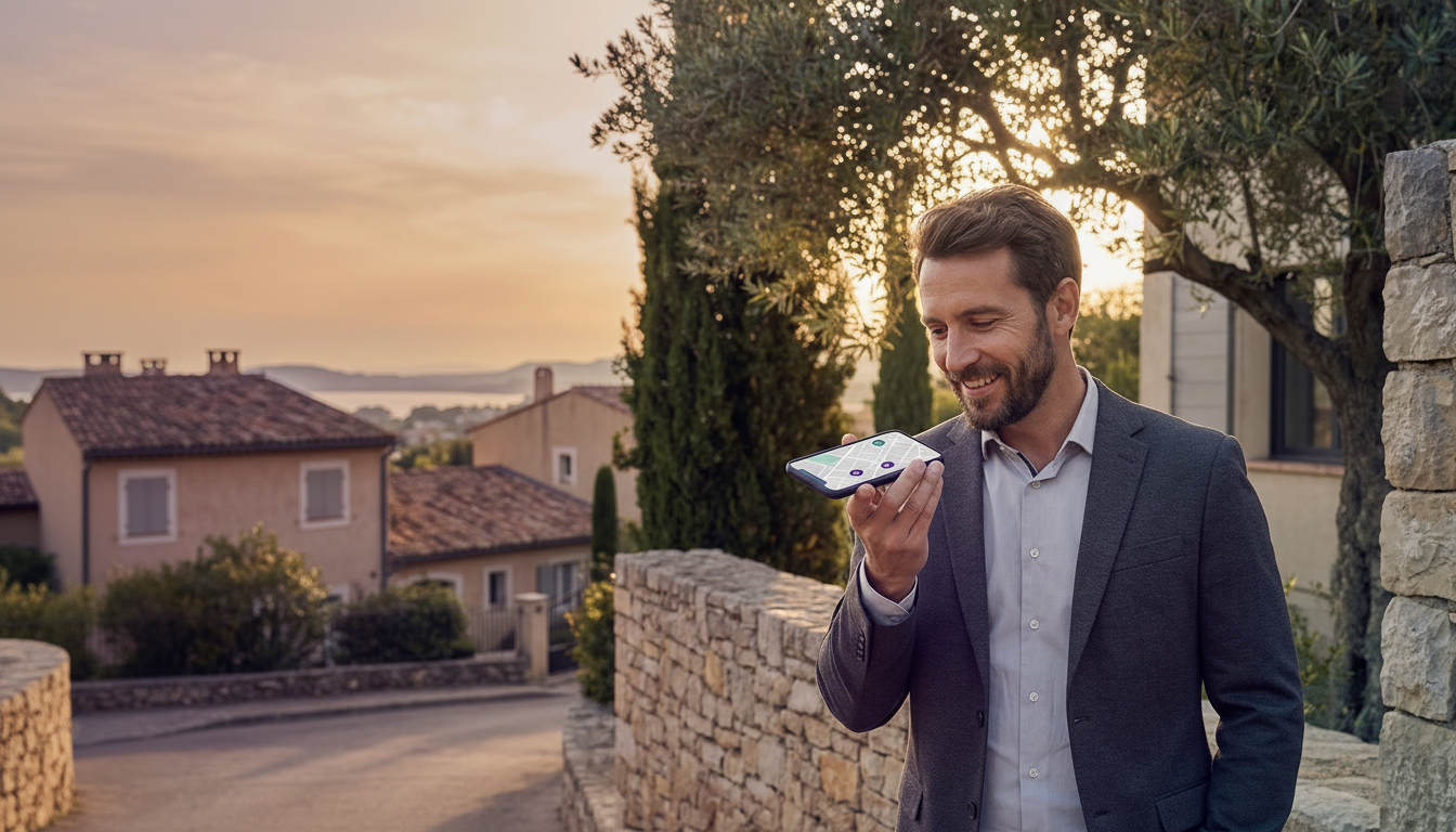 Agent commercial immobilier souriant devant un muret en pierre, utilisant la dictée vocale sur son s