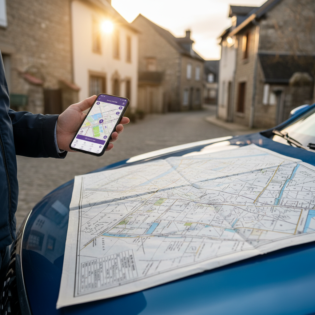 Un plan cadastral papier posé sur le capot d'une voiture, froissé et taché de café, avec des annotat