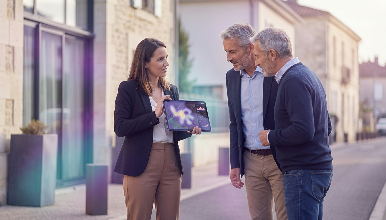 Une conseillère immobilière en tenue professionnelle décontractée, debout dans une rue pavillonnaire
