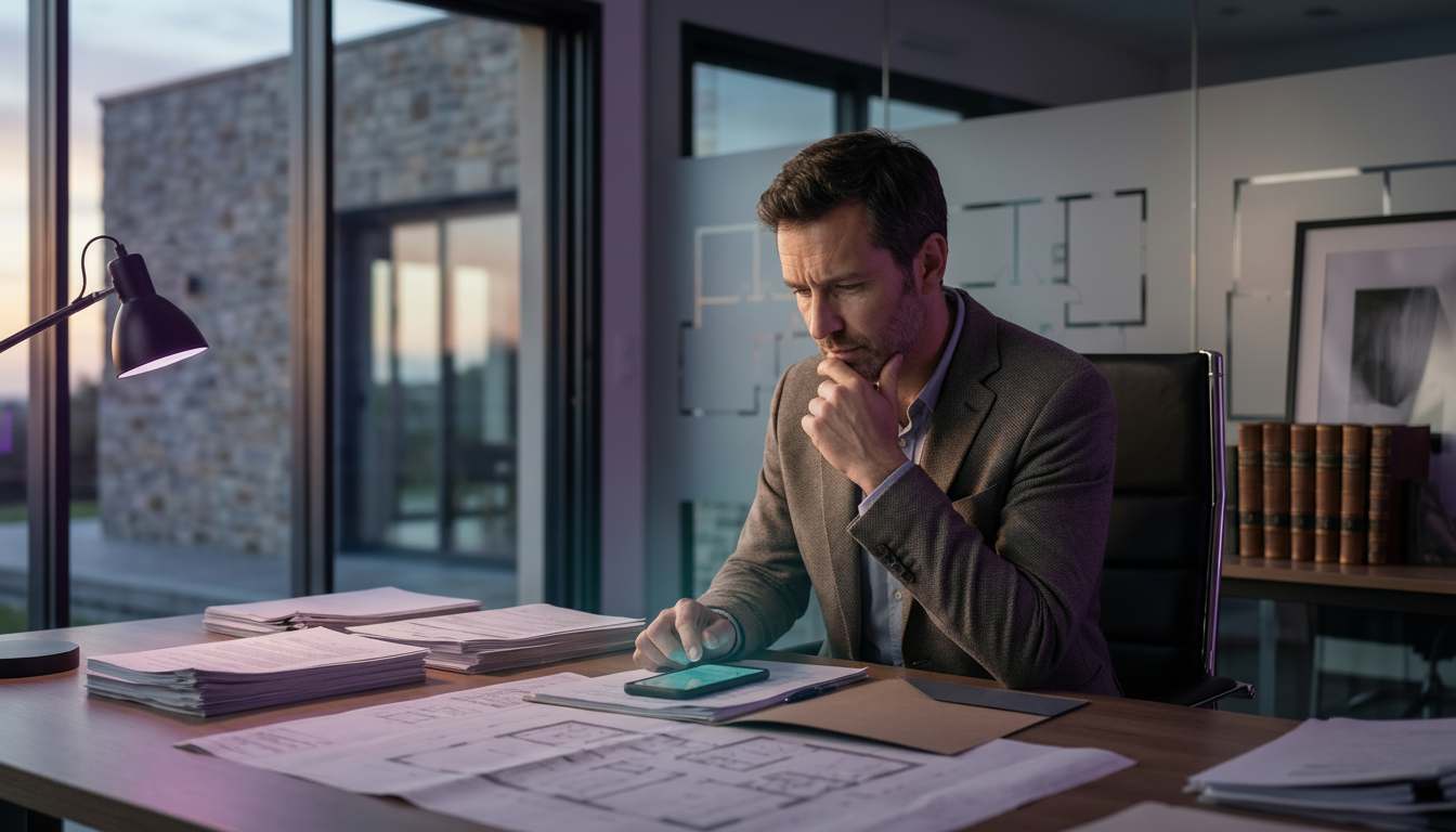 Un conseiller immobilier assis à son bureau, le regard pensif et légèrement frustré, fixant l'écran 