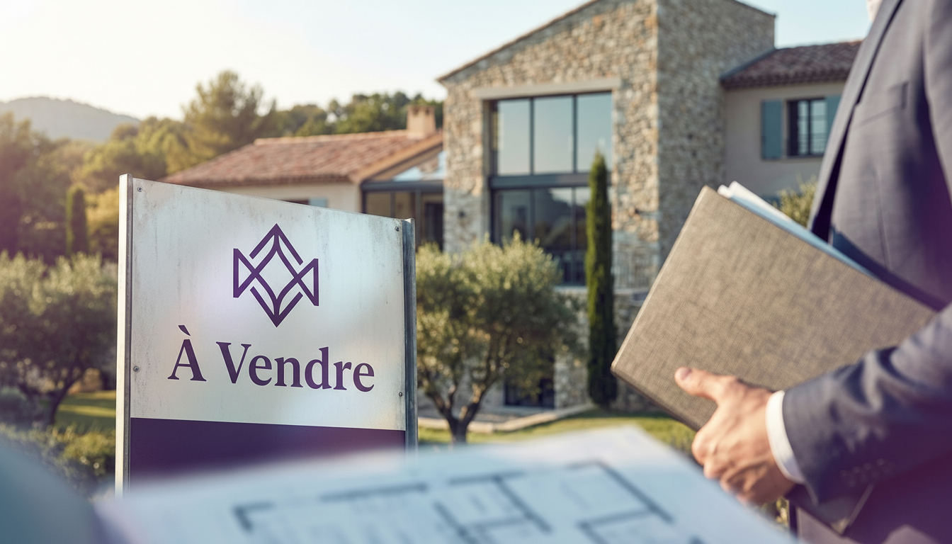 Vue en contre-plongée d'un panneau immobilier 'À Vendre' devant une maison individuelle en zone rési