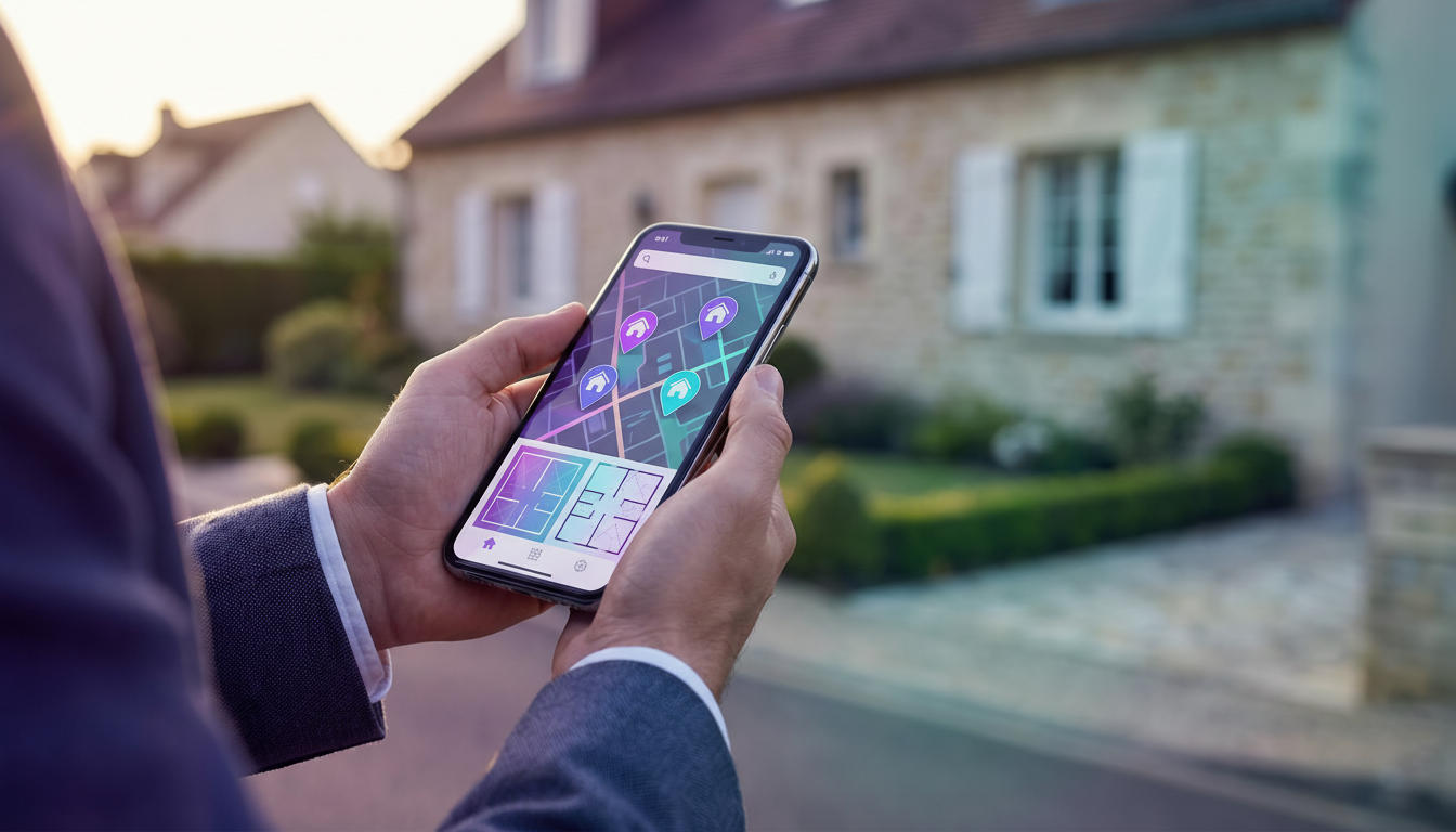 Gros plan sur les mains d'un conseiller immobilier tenant un smartphone moderne dans une rue résiden