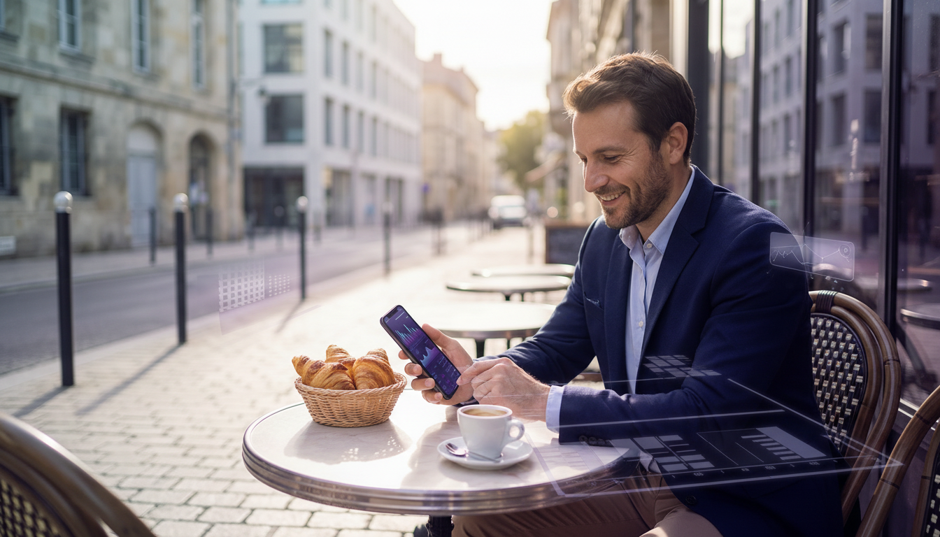 Un conseiller immobilier trentenaire, assis à la terrasse d'un café français typique, souriant et dé