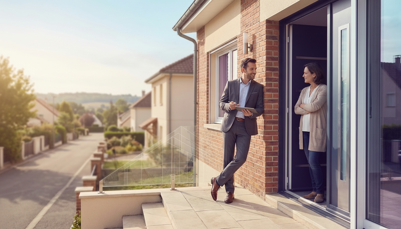 Conseiller immobilier souriant et détendu sur le palier d'une maison de banlieue française, discutan
