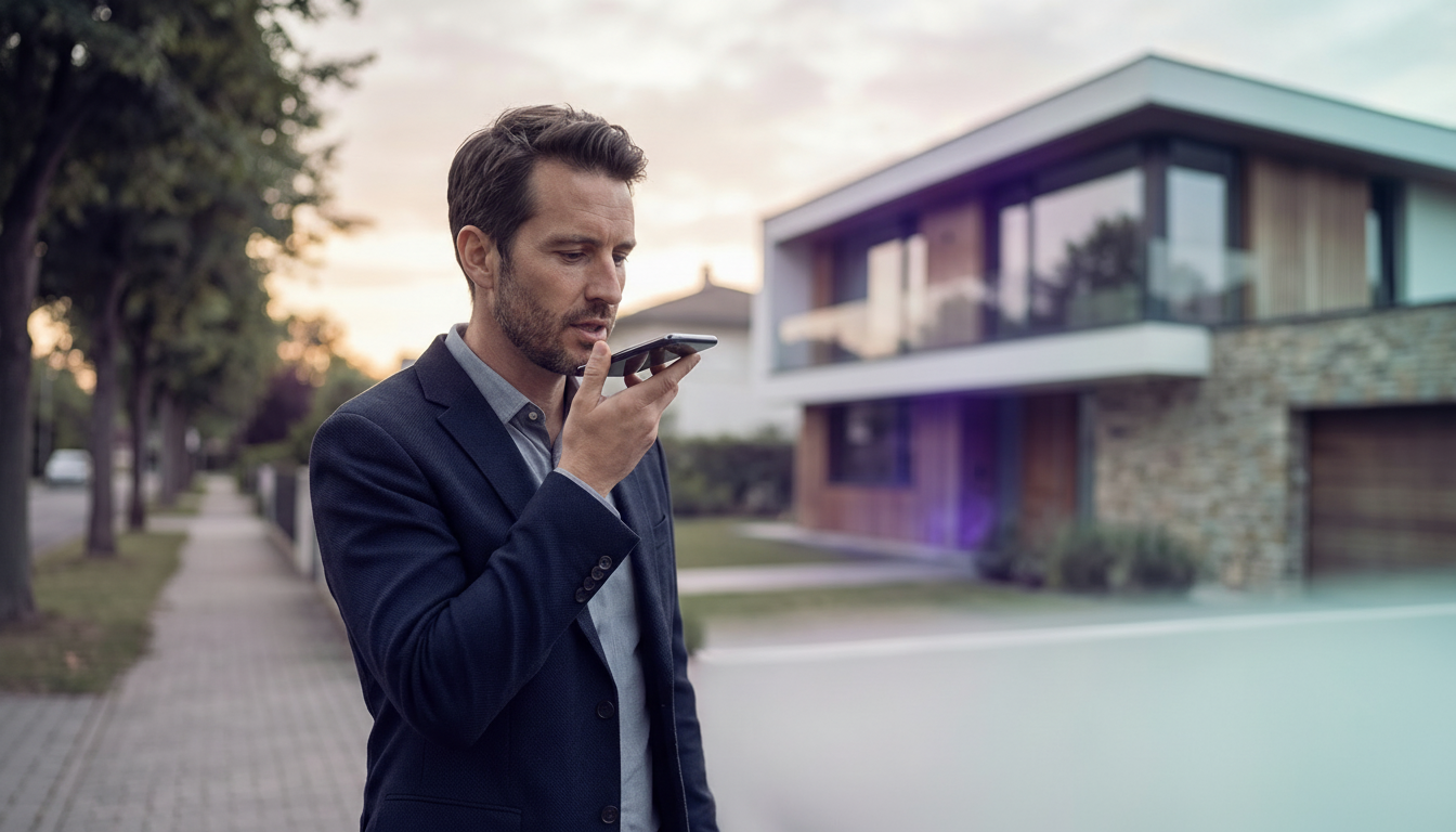 Agent commercial immobilier sur le trottoir d'une zone pavillonnaire ensoleillée, utilisant la dicté