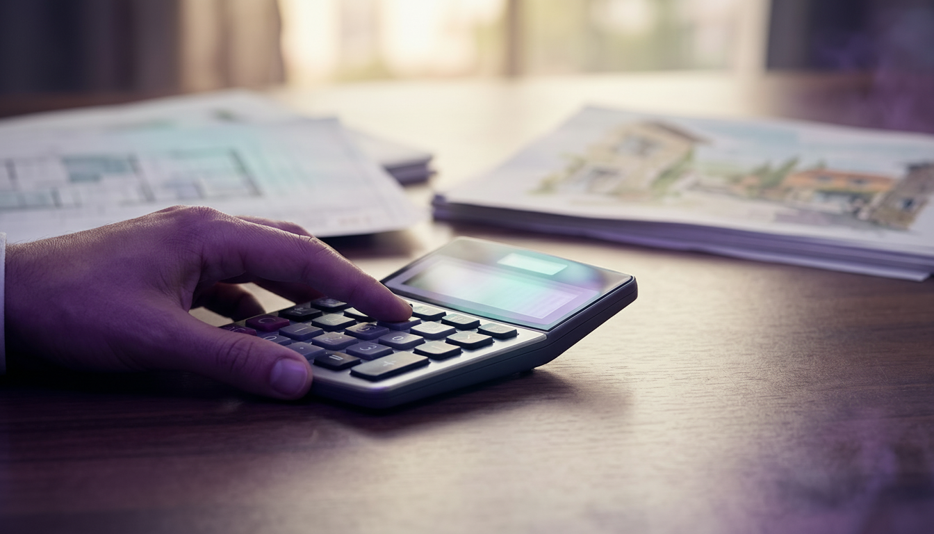 Gros plan sur une main tenant une calculatrice posée sur un bureau en bois avec des documents flous 