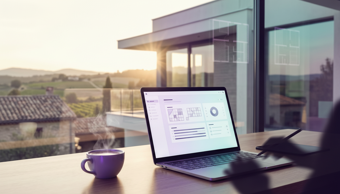 Espace de travail moderne et épuré avec un ordinateur portable affichant un tableau de bord de gesti