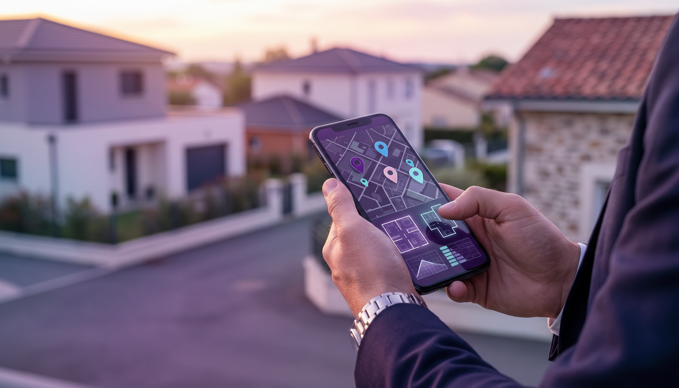 Gros plan sur les mains d'un conseiller immobilier moderne en extérieur, tenant un smartphone affich