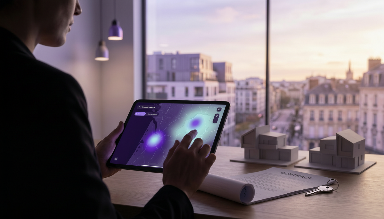 Représentation conceptuelle d'un conseiller immobilier analysant son secteur sur une tablette. On vo