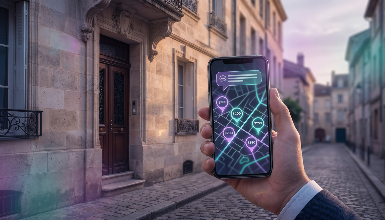 Vue subjective d'un conseiller immobilier tenant son smartphone devant la porte d'entrée d'une belle