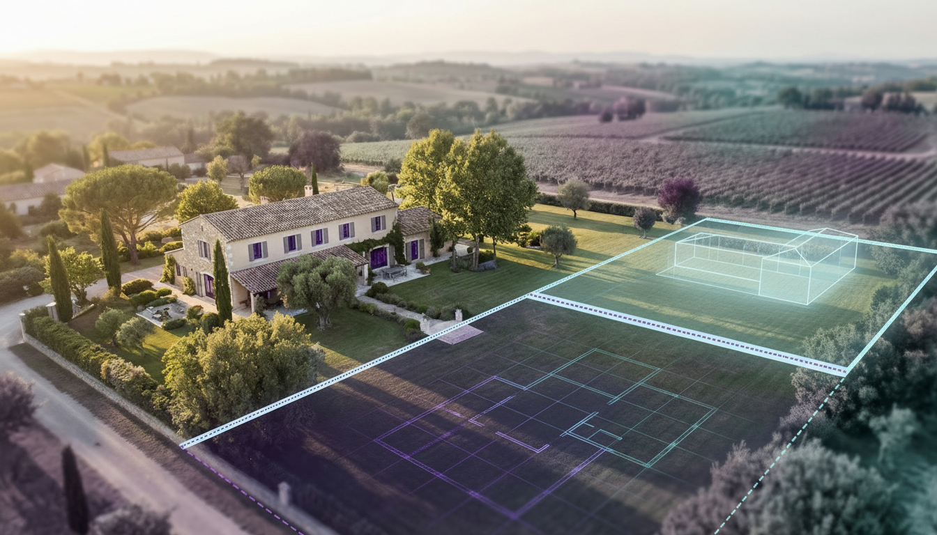 Vue aérienne schématique d'une grande parcelle résidentielle avec une ligne pointillée montrant une 