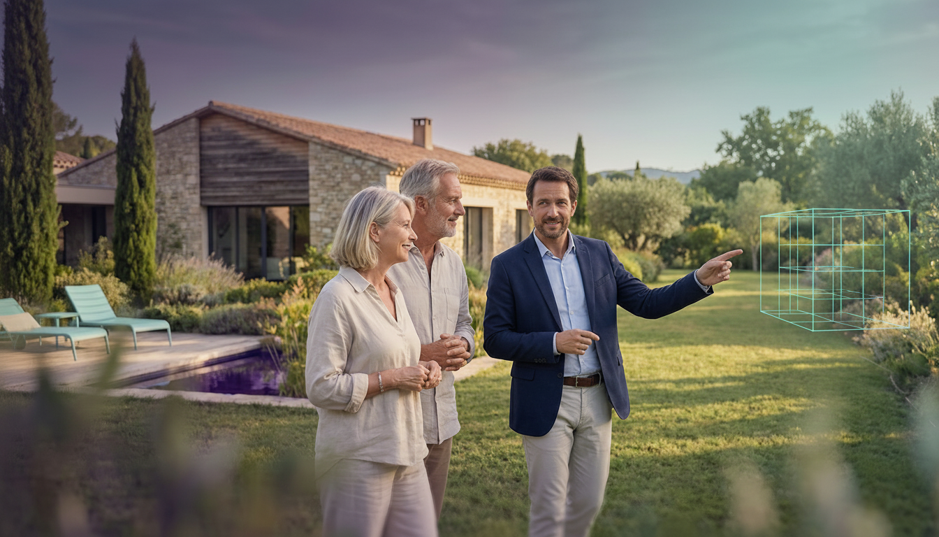 Conseiller immobilier bienveillant en tenue décontractée chic, discutant sereinement avec un couple 