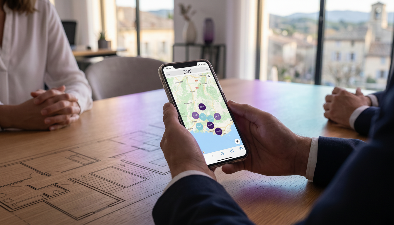 Vue de dessus d'un smartphone affichant une carte interactive avec des marqueurs de prix immobiliers