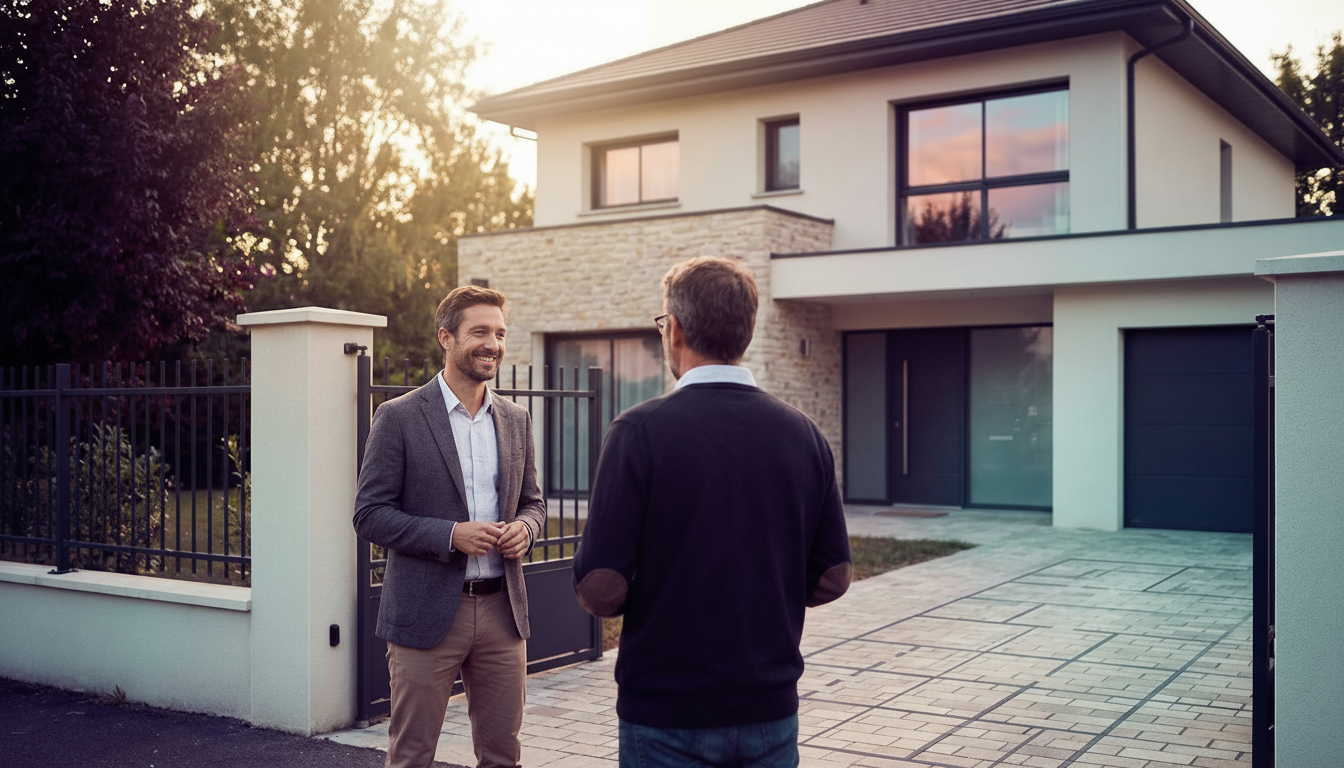 Conseiller immobilier souriant en tenue professionnelle décontractée, discutant de manière informell