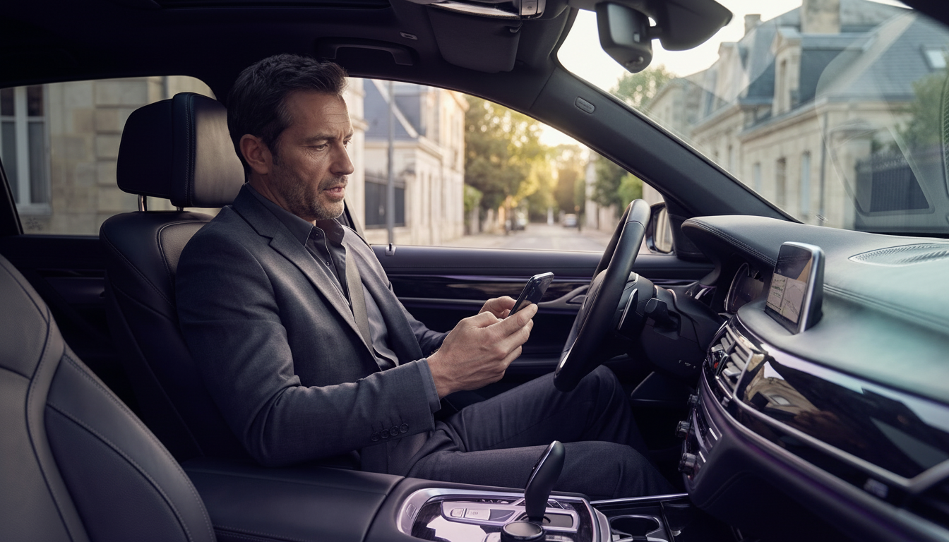 Agent commercial immobilier assis dans sa voiture, dictant ses notes sur son smartphone après un ren