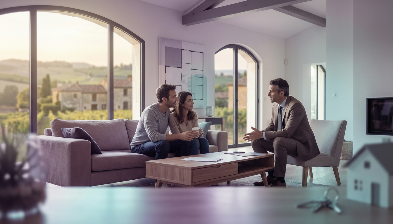 Conseiller immobilier professionnel discutant sereinement avec un couple de propriétaires dans un sa