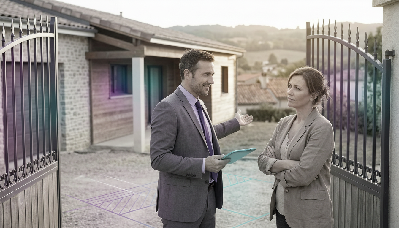 Agent commercial immobilier sur le terrain devant le portail d'une maison de plain-pied, échangeant 