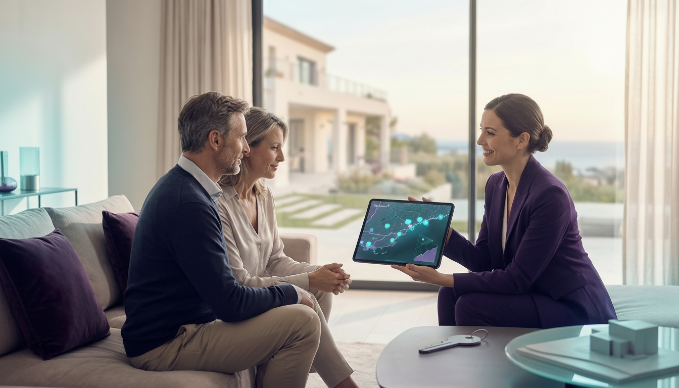 Conseillère immobilière souriante montrant l'écran de sa tablette à un couple de propriétaires atten