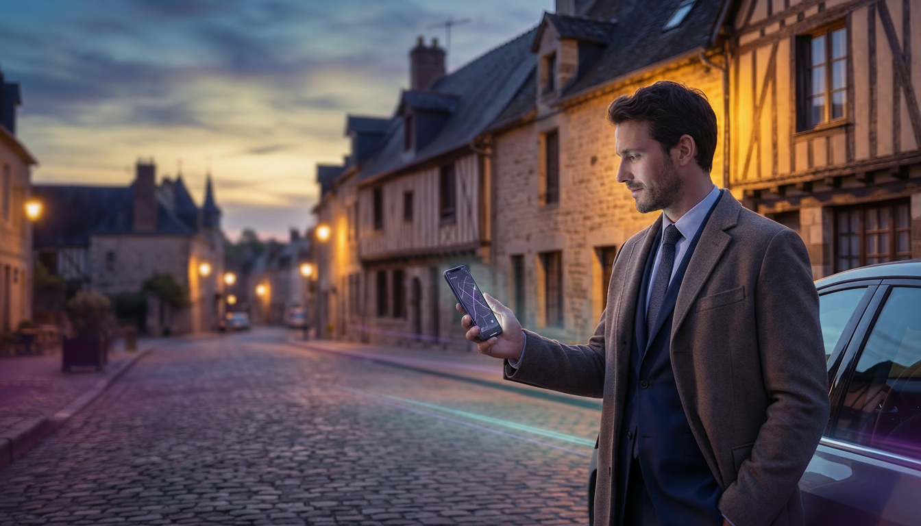 Conseiller immobilier en tenue professionnelle dans une rue pavillonnaire française au crépuscule, u