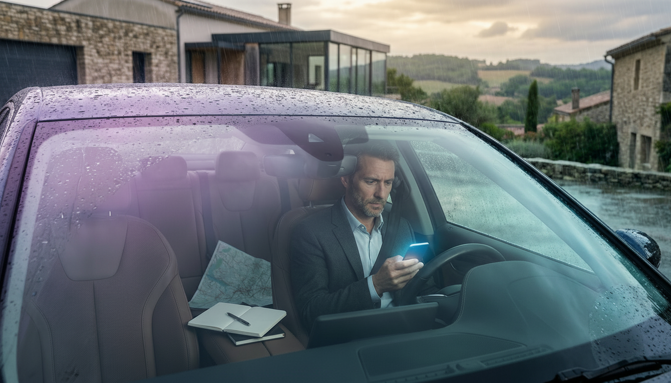 Un conseiller immobilier assis seul dans sa voiture sous la pluie, l'air découragé, regardant son té