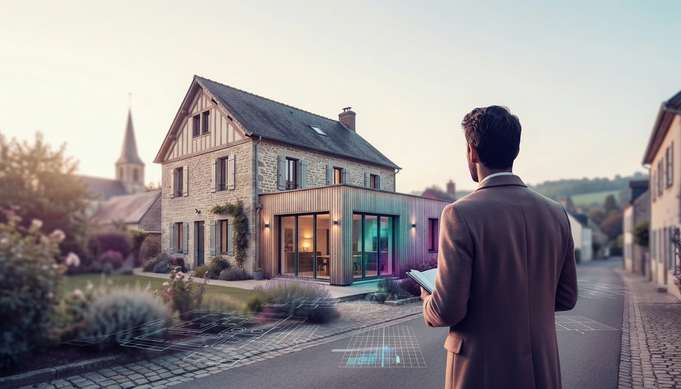 Conseiller immobilier observant attentivement la façade d'une maison de banlieue française avec une 
