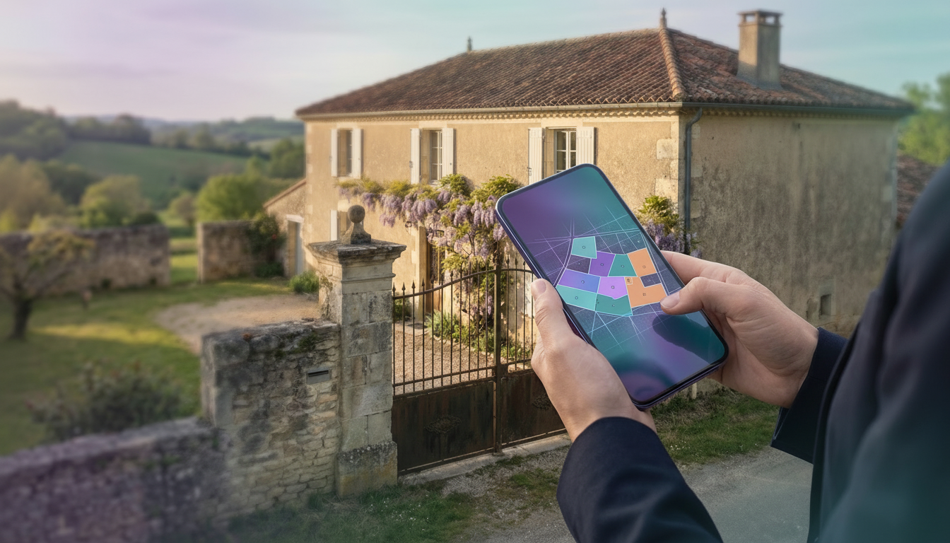 Vue en plongée d'un smartphone affichant une carte interactive avec des parcelles cadastrales coloré
