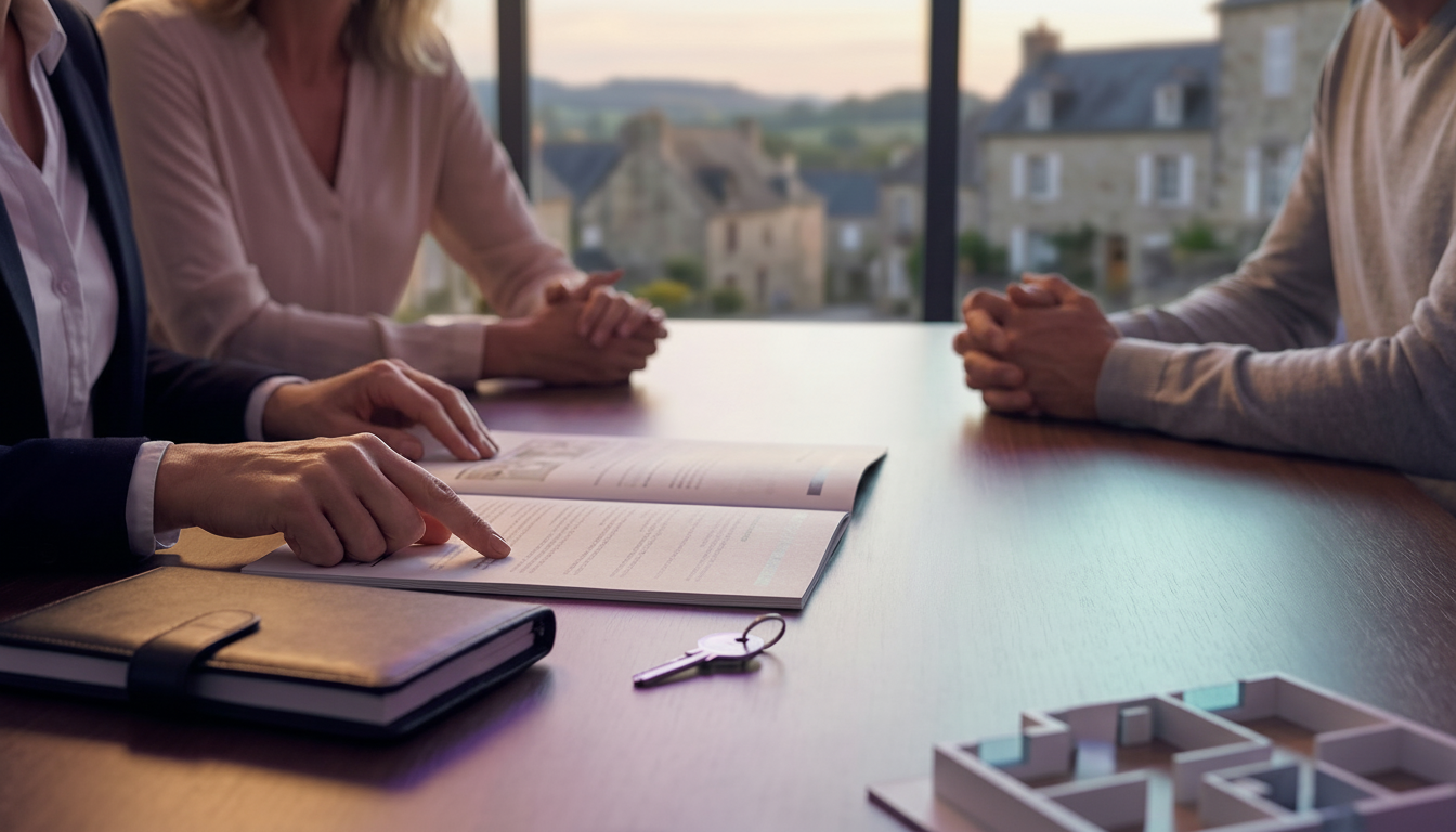 Plan rapproché sur une table de salon moderne. On voit les mains d'un conseiller immobilier présenta