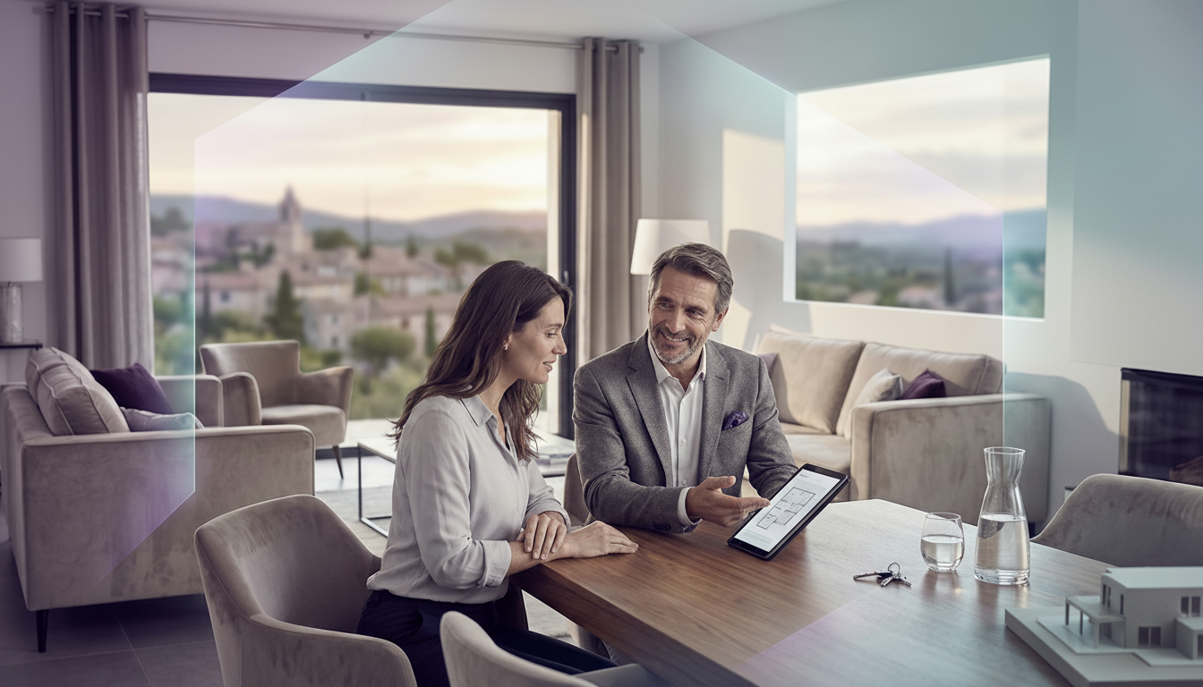 Vue latérale d'un conseiller immobilier expliquant calmement une clause sur une tablette tactile à u