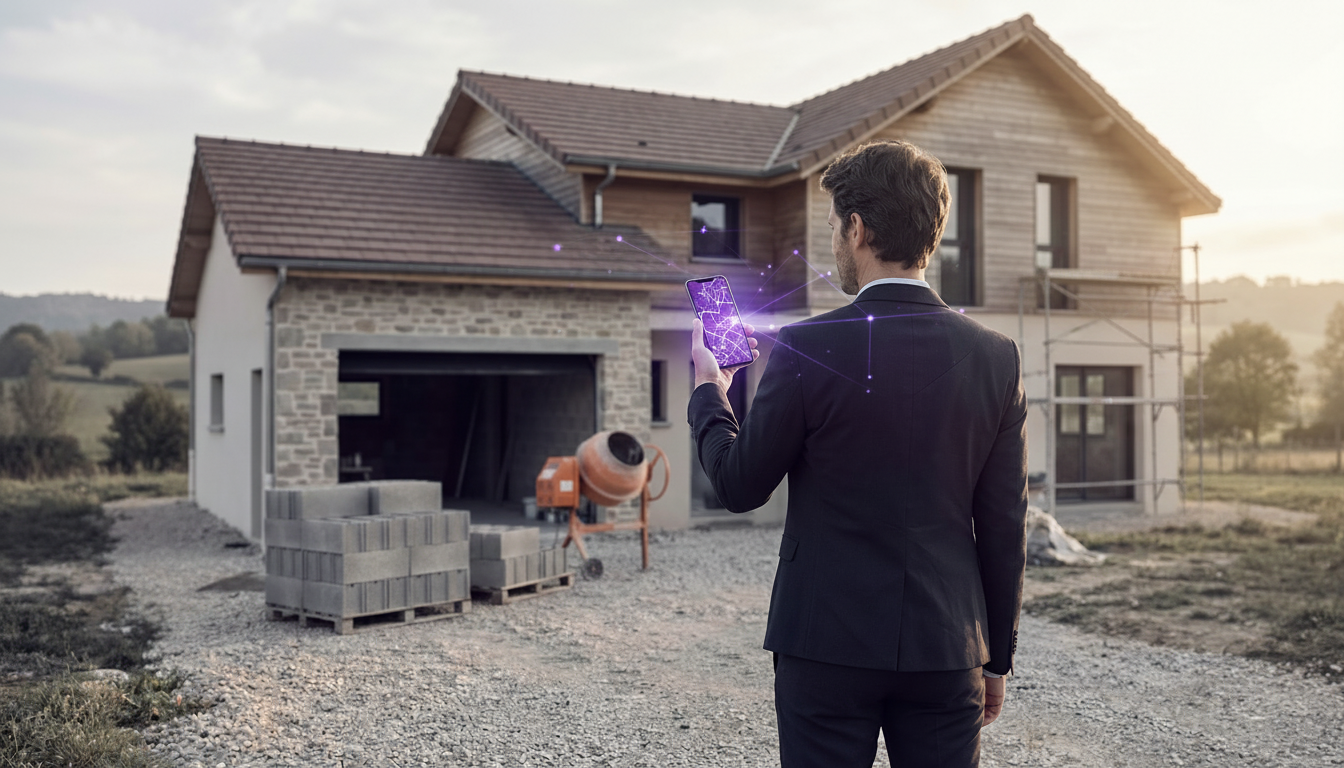 Conseiller immobilier de dos, habillé sobrement, regardant une maison pavillonnaire où une palette d