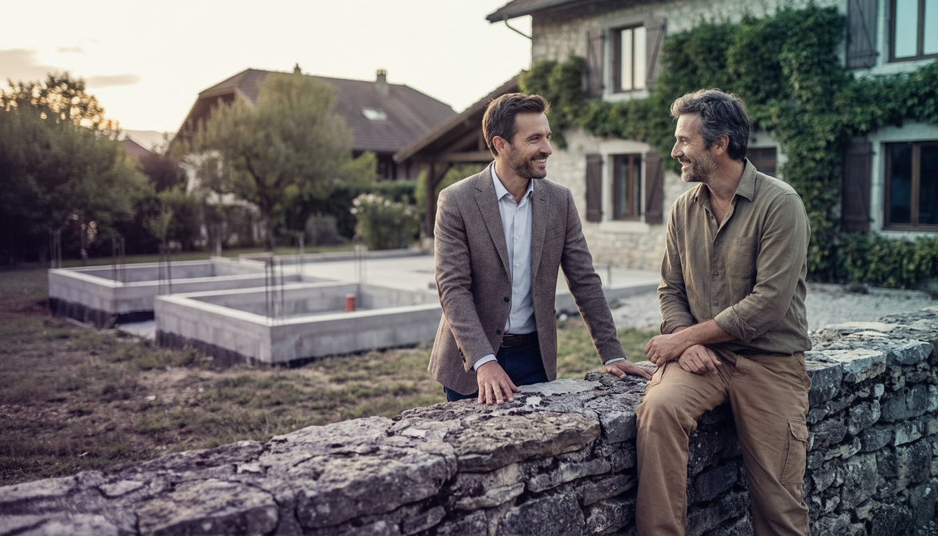 Un conseiller immobilier souriant discutant par-dessus un muret avec un propriétaire en tenue de bri