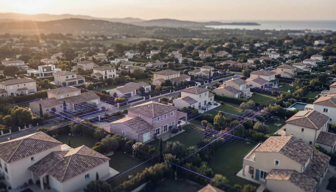 Vue aérienne d'un quartier pavillonnaire français au coucher du soleil, mettant en évidence les gran