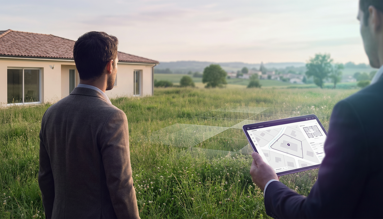 Conseiller immobilier de dos, regardant un grand terrain gazonné en friche à côté d'une maison de pl