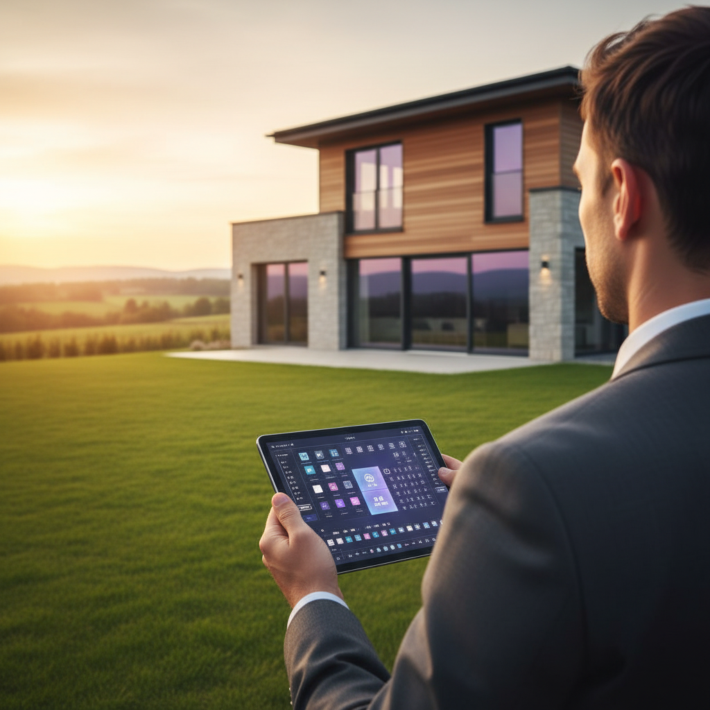Conseiller immobilier de dos, regardant une grande maison de banlieue avec un immense jardin latéral