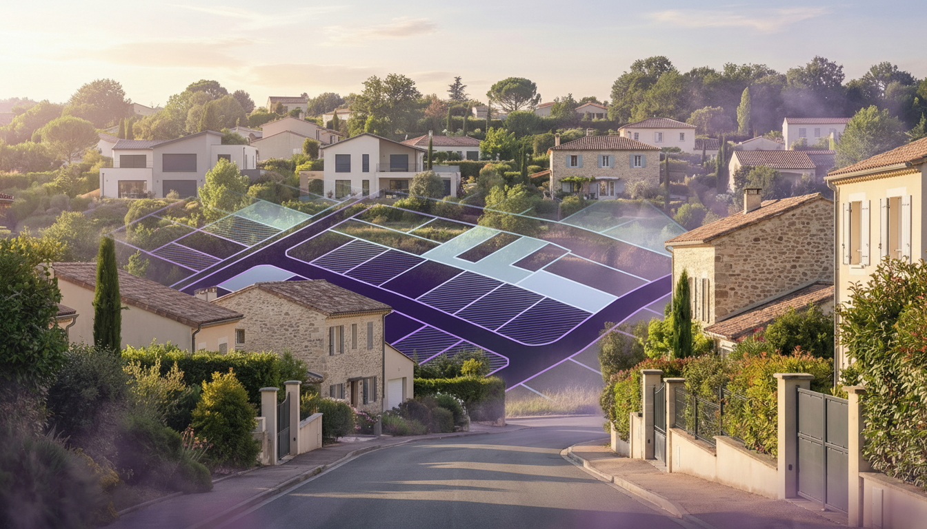 Plan cadastral abstrait et stylisé superposé sur une photographie d'un quartier résidentiel français