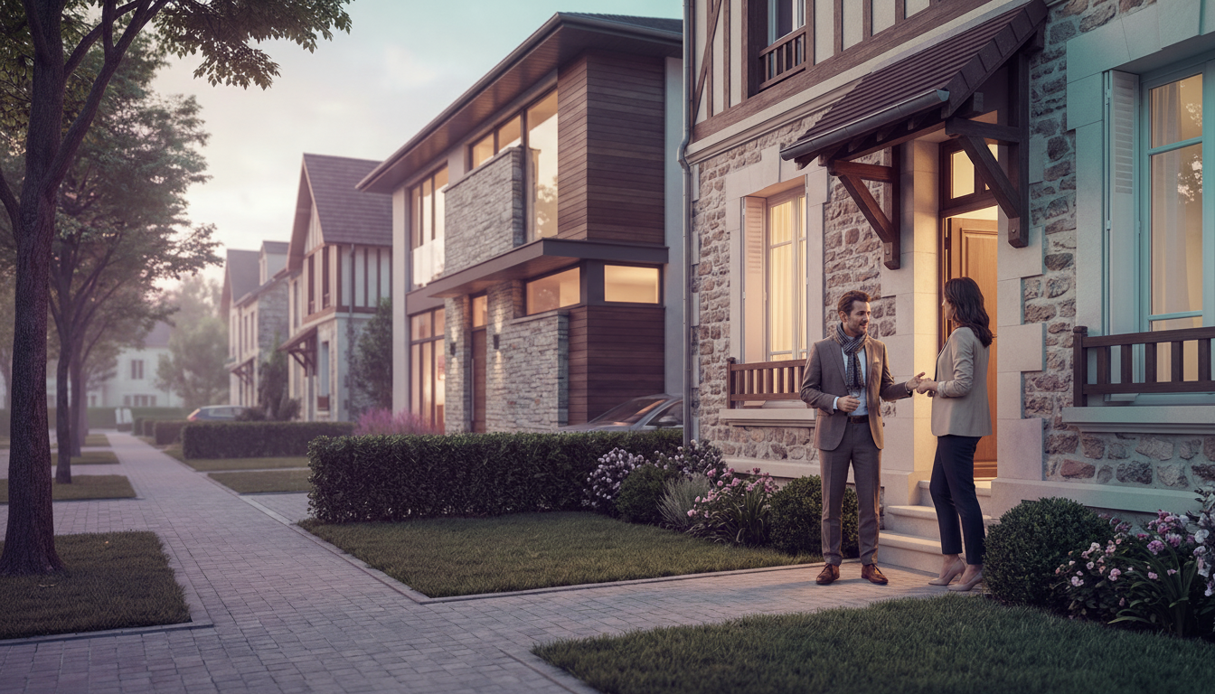 Un conseiller immobilier souriant en tenue professionnelle discutant avec un propriétaire sur le pas