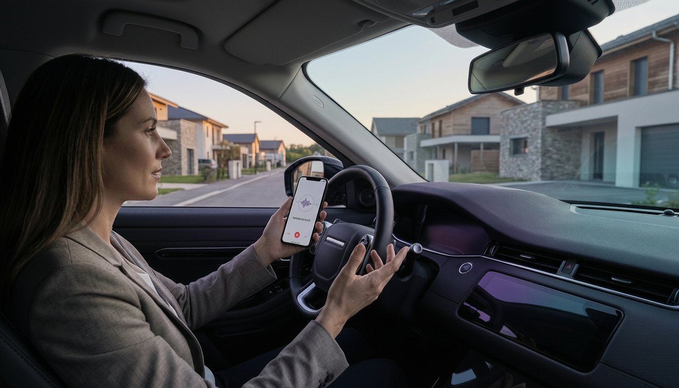 Une conseillère immobilière assise au volant de sa voiture garée dans une rue résidentielle, dictant