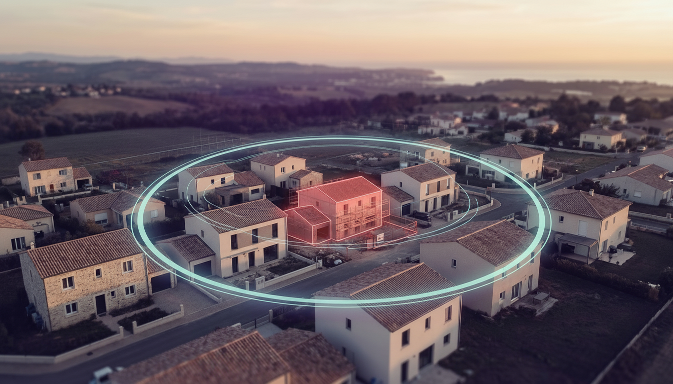 Vue aérienne schématique d'un quartier résidentiel français avec une maison en travaux au centre mar