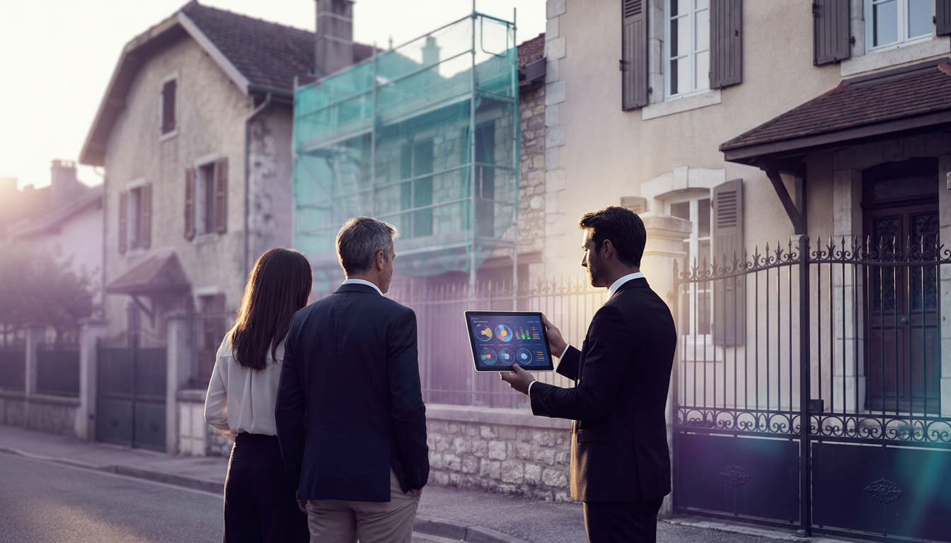 Conseiller immobilier debout dans une rue résidentielle française, montrant des données sur une tabl