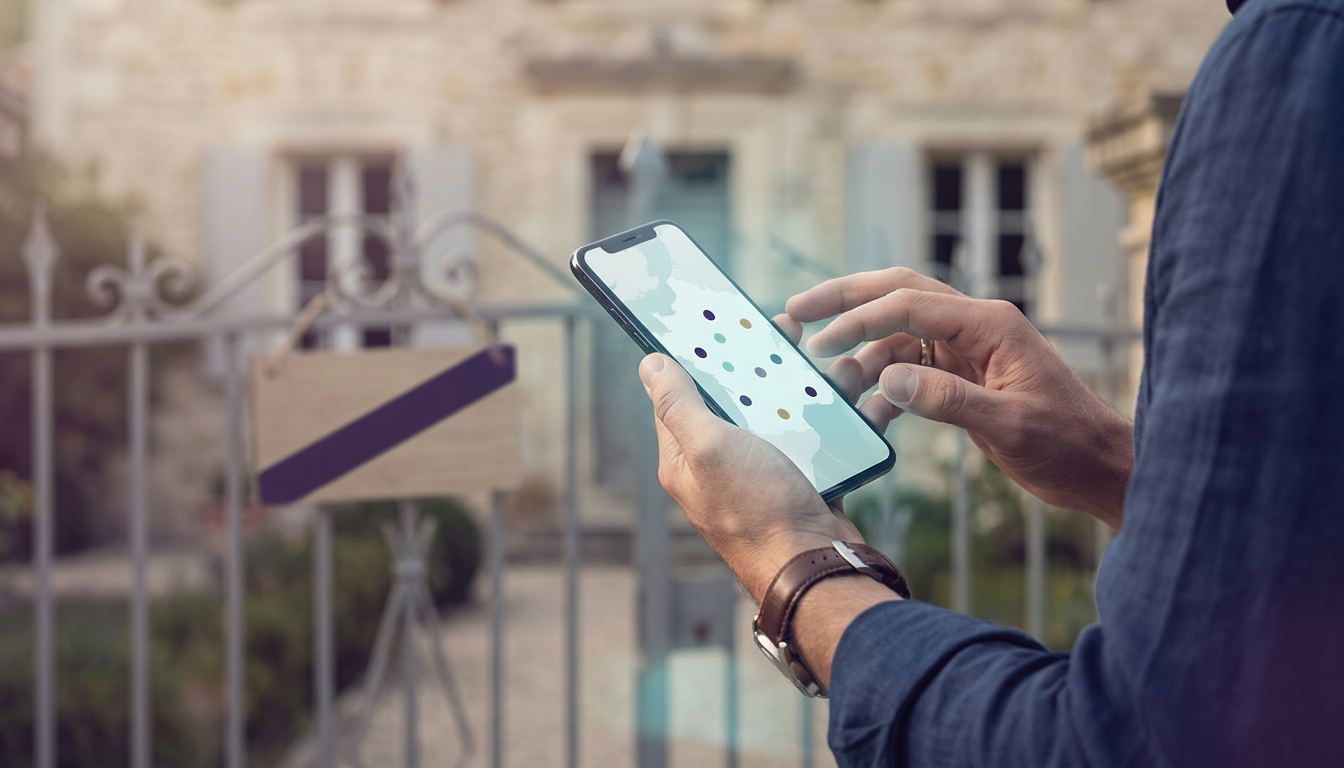 Gros plan sur les mains d'un homme en tenue décontractée chic, tenant un smartphone affichant une ap