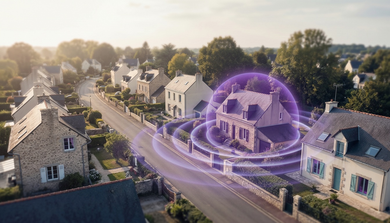 Vue en plongée d'une rue résidentielle française typique avec des maisons individuelles et des jardi