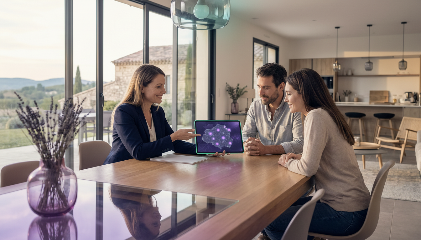 Une conseillère immobilière souriante assise à la table de salle à manger avec un couple de propriét