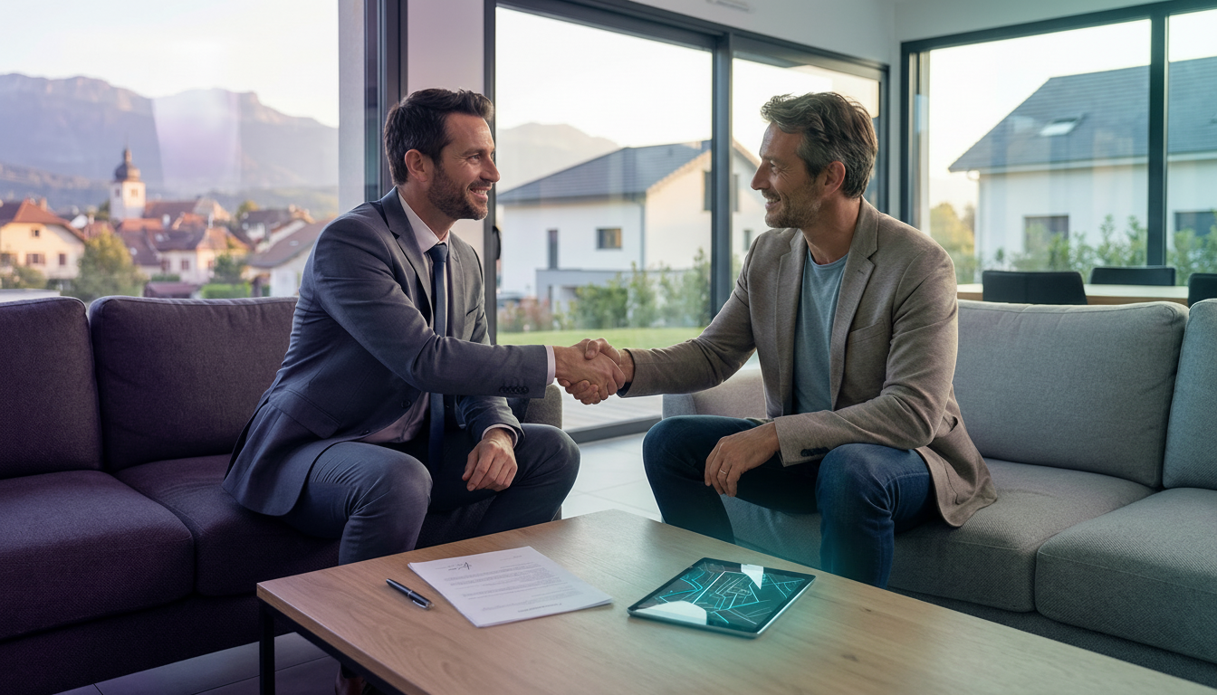 Un conseiller immobilier masculin serrant chaleureusement la main d'un propriétaire dans un salon co