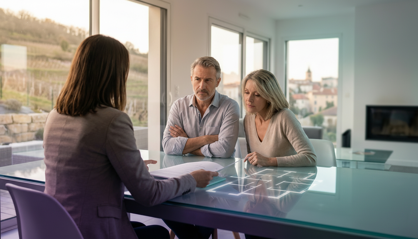 Salon lumineux d'une maison contemporaine en région lyonnaise. Un conseiller immobilier est assis à 