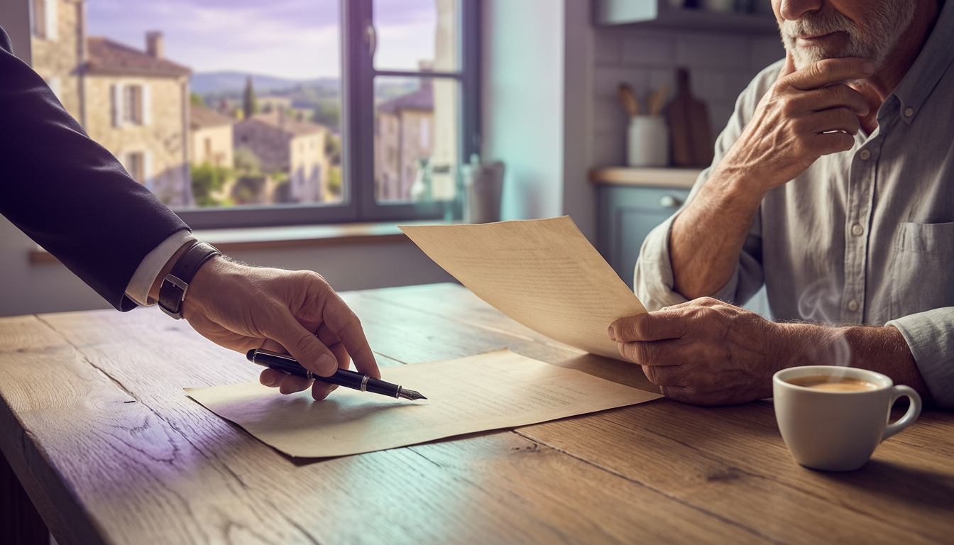 Gros plan sur une table en chêne dans une cuisine. On voit les mains d'un conseiller immobilier posa