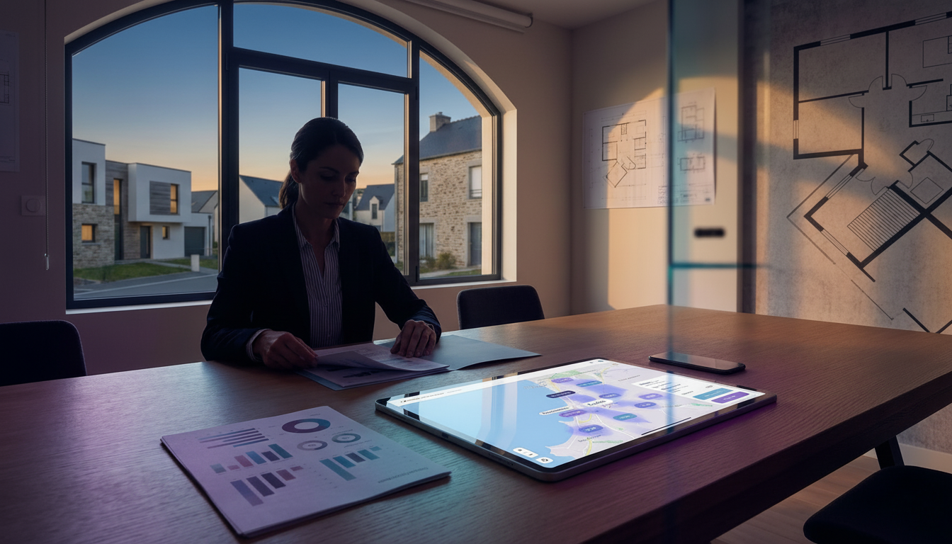 Conseiller immobilier assis à son bureau, préparant méticuleusement un dossier papier avec des graph